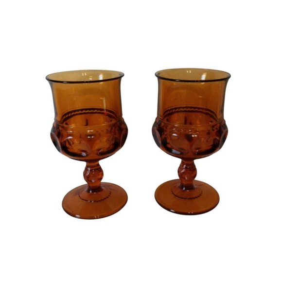 Vintage 1970s Indiana Glass Kings Crown Amber Wine Goblets Set Of 2 Retro Decor - Picture 1 of 5